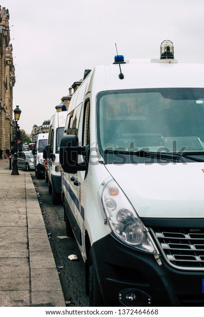 Paris France April 16, 2019 View of a French
police car parked near the Notre Dame cathedral in Paris the day
after the big fire in the
afternoon