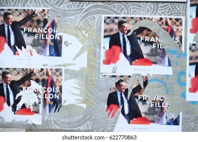 Paris, France: April 17'2017 -Posters Of François Fillon Leader Of Liberal Party. One Of Eleven Candidates Of French Presidential Election 2017