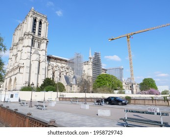 Paris, France - April 17th 2021: A panoramic view on Notre Dame during the reconstruction of the roof.