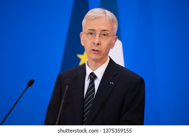PARIS, FRANCE - April, 19 2019 : 
The prefect of police of Paris Didier Lallement in a press conference about the demonstration of Yellow vests will take place the next day to counter the overflows.