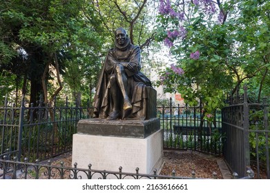 Paris, France - April 2021 - 20th Century Statue By Paul Landowski Of 16th Century, French Philosopher Michel De Montaigne, On Paul Painlevé Square, Rue Des Ecoles Street, Near Sorbonne University