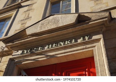 Paris, France - April 2021 - Low Angle View Of The Triangular Pediment Of Lycée Henri IV, A Prestigious Elite Institution Which Houses One Of France's Most Selective 