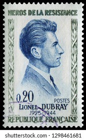 Paris, France - April 22, 1961: Lionel Dubray (1923–1944), Member Of The French Resistance During World War II. Stamp Issued By French Post In 1961.