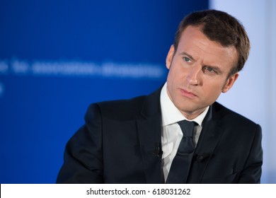 PARIS, FRANCE - APRIL 8, 2017 : Emmanuel Macron speaking about french ultramarine for the french presidential election of 2017 at the head office of his political party en marche.