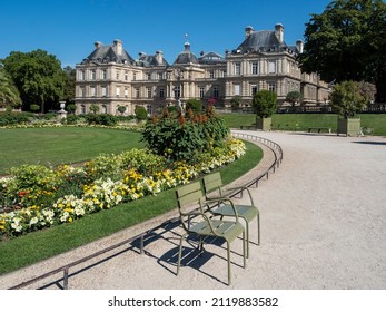 PARIS, FRANCE - AUGUST 04, 2018:  The south facade of Luxemburg Palace (Palais du Luxembourg) and the Garden