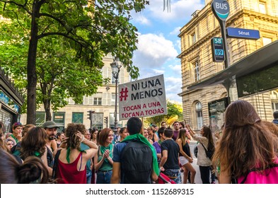 Paris France; August 08 2018: Argentines And Latinos Meet In Front Of The French Senate In Paris To Support The Women Of Argentina In Voting For The Law Of Free Abortion In That Country