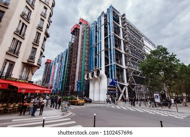Paris, France - August 11, 2017.Georges Pompidou center building - Paris national cultural centre and museum in Marais district. Industrial-looking exterior with colored pipes and ducts.