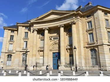 Paris, France. August 14, 2019. La Sorbonne Or University Of Paris 1 Pantheon-Sorbonne Law Faculty Or Faculte De Droit Building Located On Place Du Pantheon At The Latin Quarter.