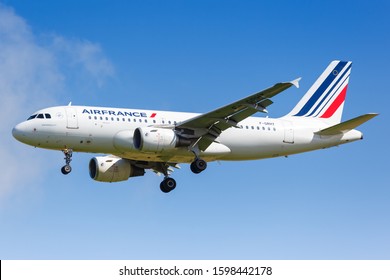 Paris, France – August 17, 2018: Air France Airbus A319 airplane at Paris Charles de Gaulle airport (CDG) in France. Airbus is a European aircraft manufacturer based in Toulouse, France.