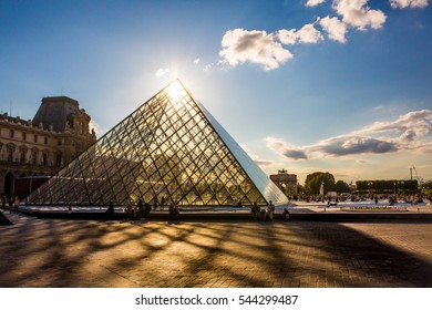 PARIS, FRANCE - AUGUST 23, 2015: The Louvre Pyramid Entrance