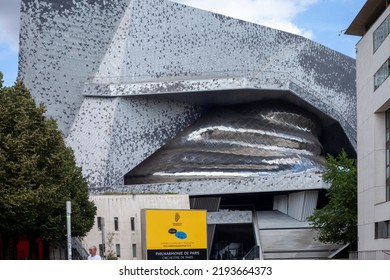 Paris, France - August 24, 2022: Paris Philharmonic. Huge Aluminum Building And Shiny Stainless Steel Facades In The Parc De La Villette.
