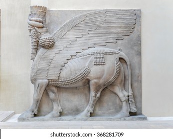 PARIS, FRANCE - AUGUST 28 2013: Relief in Cour Khorsabad courtyard - part of Ancient Mesopotamian history exhibited in Louvre Museum