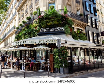 Paris, France - August 29 2019: The Cafe De Flore Located At The Corner Of Boulevard Saint Germain And Rue Saint Benoit.