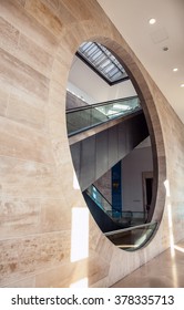 PARIS, FRANCE - AUGUST 30, 2015: Wide Angled View To Perspective Escalators Stairway. Louvre Indoor On August 30 In Paris, France.