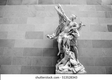 PARIS, FRANCE - AUGUST 30, 2015: Sculpture hall of the Louvre museum, Paris, France. Louvre is the most-visited museum in the world. Black-white photo. Paris, France.
