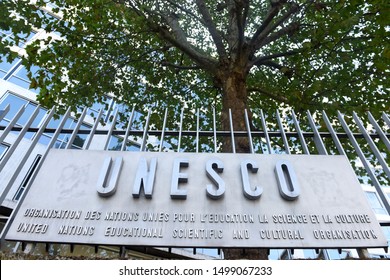 Paris, France - August 30, 2019: The Logo Of The UNESCO On The Main  Building In Paris, France. 