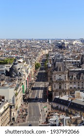 PARIS, FRANCE - AUGUST 30, 2019: This is an aerial view of Rivoli Street from the height of the Saint Jacques tower.