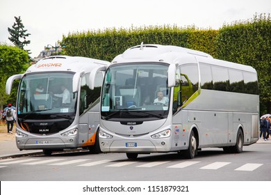 Paris, France - August 8, 2014: Touristic Coach Buses Irizar I5 In The City Street.