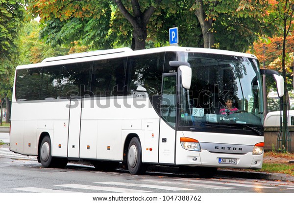 Paris, France - August 8, 2014: Touristic\
coach bus Setra S415GT-HD in the city\
street.