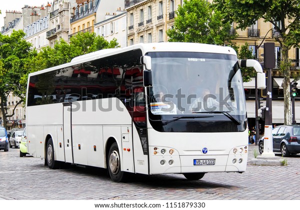 Paris, France - August 8, 2014: Touristic\
coach bus Temsa Safari HD in the city\
street.