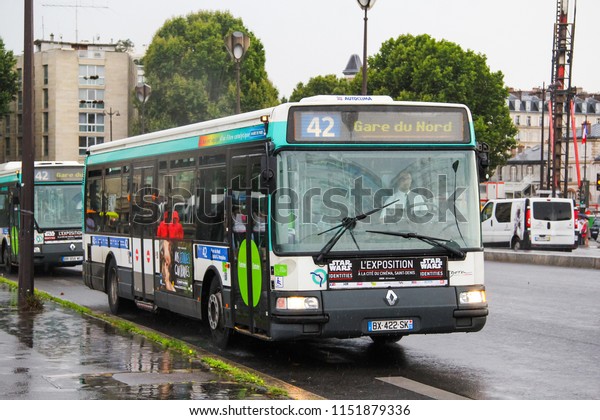 Paris, France - August 8, 2014: Urban bus Renault\
Agora S in the city\
street.