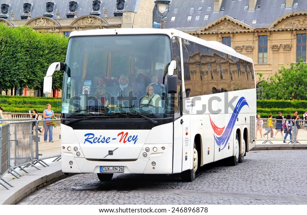 PARIS, FRANCE - AUGUST 8, 2014: Interurban coach\
Volvo 9900 at the city\
street.