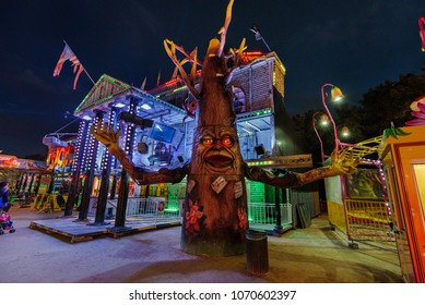 Paris, France - August, 8th, 2017. Psychos Attraction Of Horror In Paris Amusement Park, Located On Place De La Concorde. Evil Ghost House And Gigantic Haunted Tree In French Theme Park.