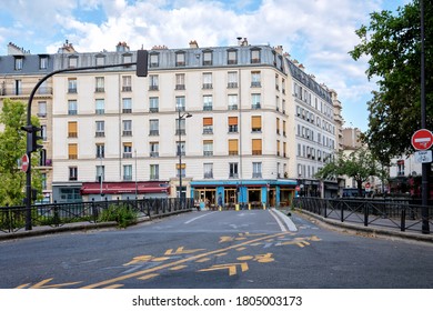 Paris, France - August 9 2020 : Parisian Café With A Blue Facade