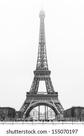 Paris, France: Black And White Eiffel Tower With Snow In Winter