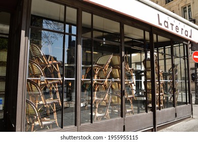 Paris, France. A Cafe That Is Closed Under The Influence Of The Coronavirus. April 4, 2021.