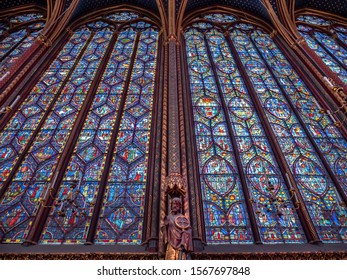 Paris, France. Circa October 2019. Details of the interior of the Sainte-Chapelle or Holy Chapel,a gothic building full of beautiful stained glass windows.