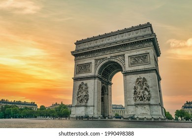 Paris France City Skyline Sunrise At Arc De Triomphe And Champs Elysees Empty Nobody