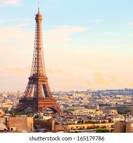 Paris, France - Cityscape With Eiffel Tower In The Light Of Sunset. UNESCO World Heritage Site. Square Composition.