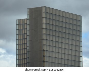 Paris, France, Date 8.13.2018, Time 12 O'clock And 8 Minutes,view To The Top And Glass Facade From The Nortwest Tower Building Of The Bibliothèque Nationale De France (site François-Mitterrand),