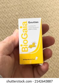 Paris, France - Dec 27, 2021: POV Male Hand Holding Package BioGaia Lactobacillus Reuteri Protectis - A Swedish Biotechnology Company That Develops, Markets And Sells A Range Of Probiotic Products