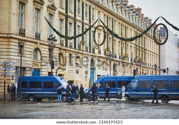 Paris, France; December 1, 2018. Rue Royale street\
closed by police during \'gilets jaunes\' (yellow vests)\
manifestation in Paris,\
France