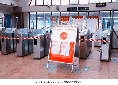 PARIS, FRANCE - DECEMBER 10, 2019: Closed RER Train Station In Paris, France. Public Transportation In December 2019 Was Disrupted By Transportation Worker Strikes.