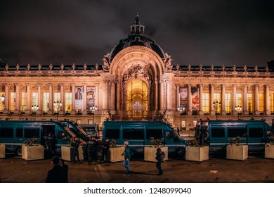 Paris, France - December 2nd, 2018: French Police Vans In Front Of Petit Palais In Paris At Night Following Nights Of Protests By Gilets Jaunes