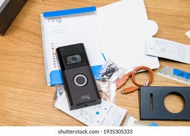 Paris, France - Feb 21, 2021: Unboxed With All The Accessories And Instructions New Latest Amazon Ring Video Doorbell 3 With Enhanced Security For Your Home