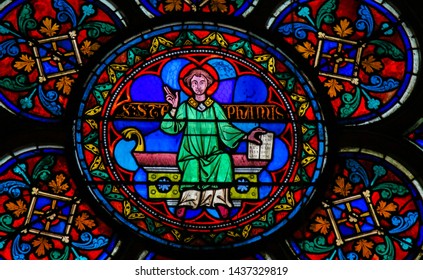 Paris, France - Februari 10, 2019: Stained Glass In The Cathedral Of Notre Dame, Paris, France, Depicting Saint Stephen, Protomartyr Or First Martyr Of Christianity