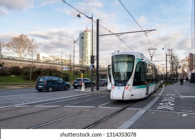 Paris, France - February 12, 2019: Tramway Line T2 Leaving Station Suzanne Lenglen