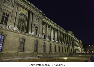 PARIS, FRANCE- February 14, 2014 : View On Louvre Outside Building At Night 