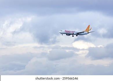 PARIS, FRANCE - FEBRUARY 21, 2015: Pegasus Airlines Boeing 737-82R lands at ORLY Airport (ORY). Pegasus is a low cost airline of Turkey.