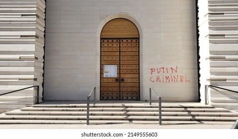 PARIS, FRANCE - February  25, 2022: The Russian Orthodox Cathédrale de la Sainte-Trinité was defaced with an anti-Putin statement days after the Russian invasion of Ukraine.
