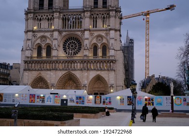 Paris, France - February 25th 2021: Notre Dame de Paris during reconstruction work. 