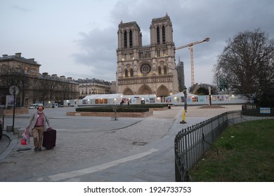 Paris, France - February 25th 2021: The Facade Of Notre Dame De Paris During The Curfew.