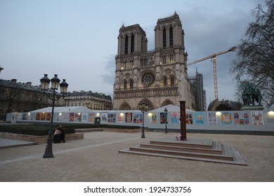 Paris, France - February 25th 2021: The Facade Of Notre Dame De Paris During The Curfew.