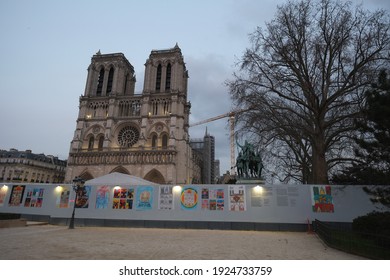 Paris, France - February 25th 2021: The Facade Of Notre Dame De Paris During The Curfew.