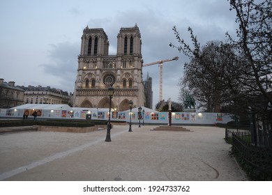 Paris, France - February 25th 2021: The Facade Of Notre Dame De Paris During The Curfew.