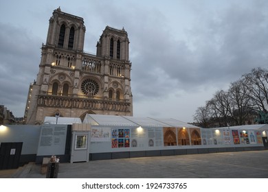 Paris, France - February 25th 2021: The Facade Of Notre Dame De Paris During The Curfew.